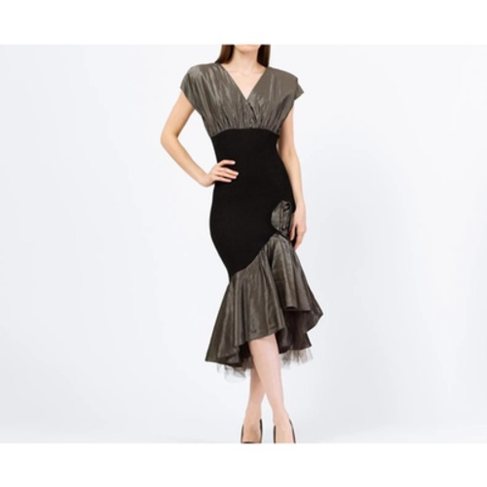 Vintage 80s Mermaid Dress 5/6 Black Silver Metallic Rosette Retro Glam Midi Gown